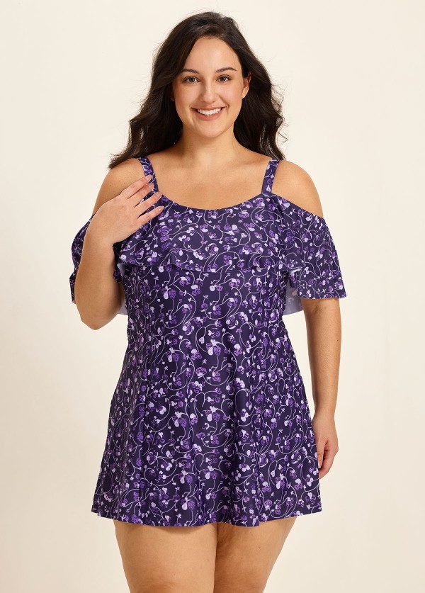 Purple Floral Off The Shoulder Flattering Plus Size Women's Swimsuit One Piece Swim Romper