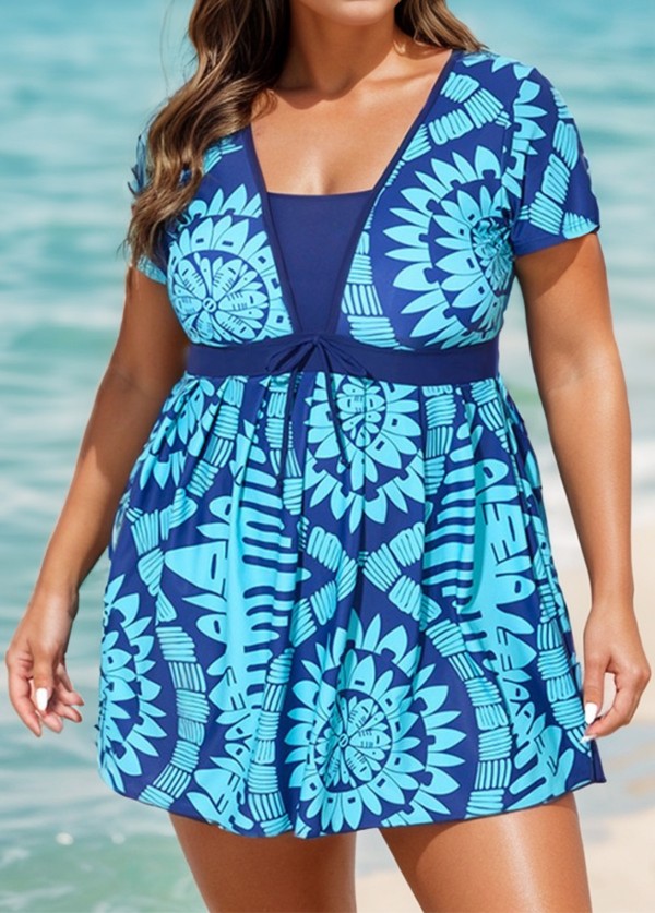 Plus Size Blue Geometric Print Short Sleeve Swimdress Top