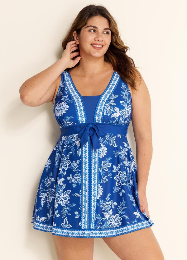 Plus Size Blue And White Floral Front Tie Scoop Neck Swimsuit Swimdress Set