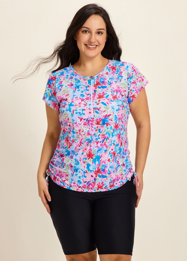 Pink Floral High Neck Short Sleeves Zipper Drawstring Curvy Swimsuit Uv Shirt Tankini Top