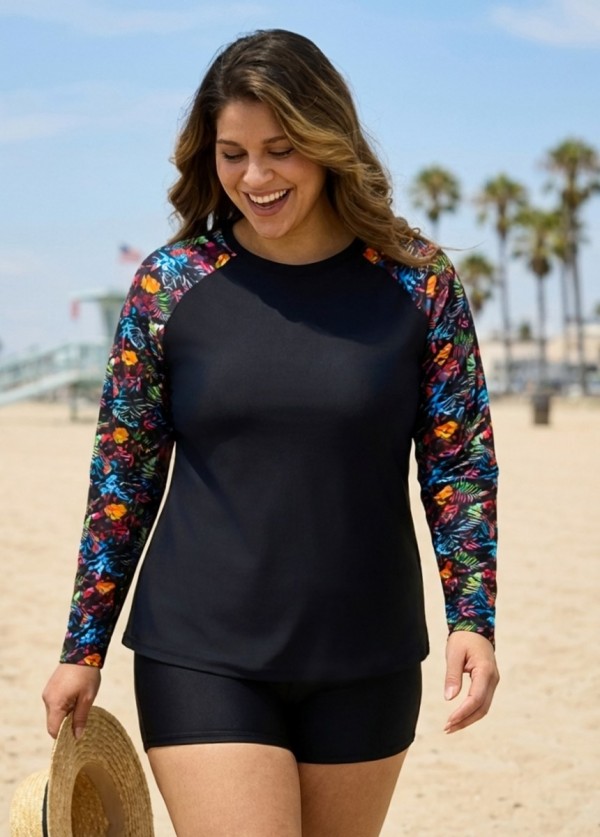 Black Leaf Print Long Sleeve Plus Size Swimsuit Swimwear Tankini Top