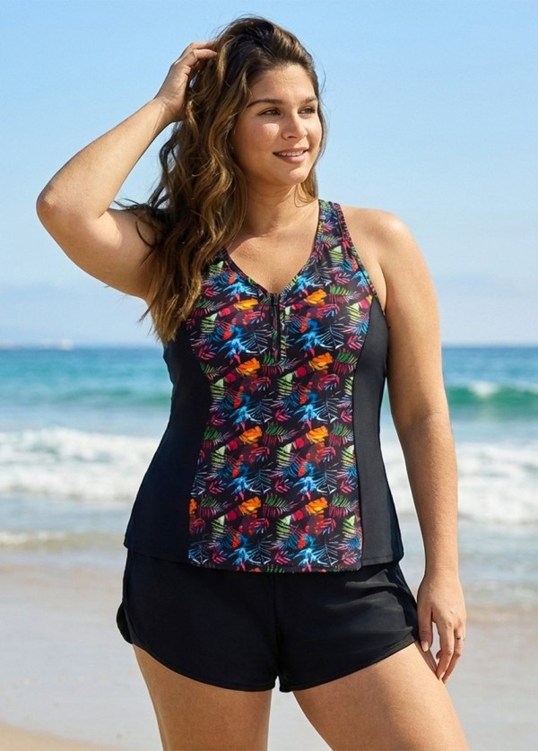 Plus Size Black Leaf Print Zipper Swimsuit And Swimwear Tankini Top