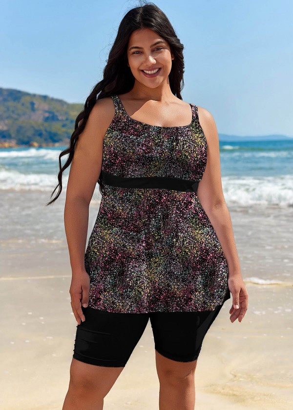 Black Dot Print Modest Curvy Swimwear Bathing Suits Tankini Top