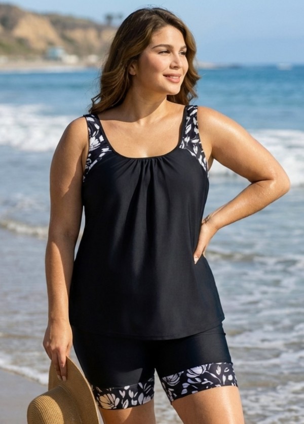 Plus Size Black Floral Print Round Neck Modest Tankini Set