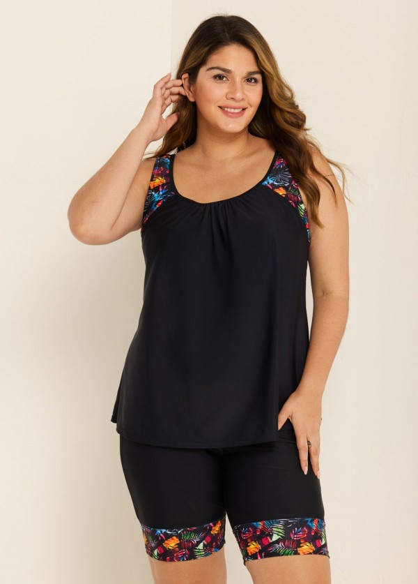 Black Plants Print Round Neck Plus Size Modest Tankini Set