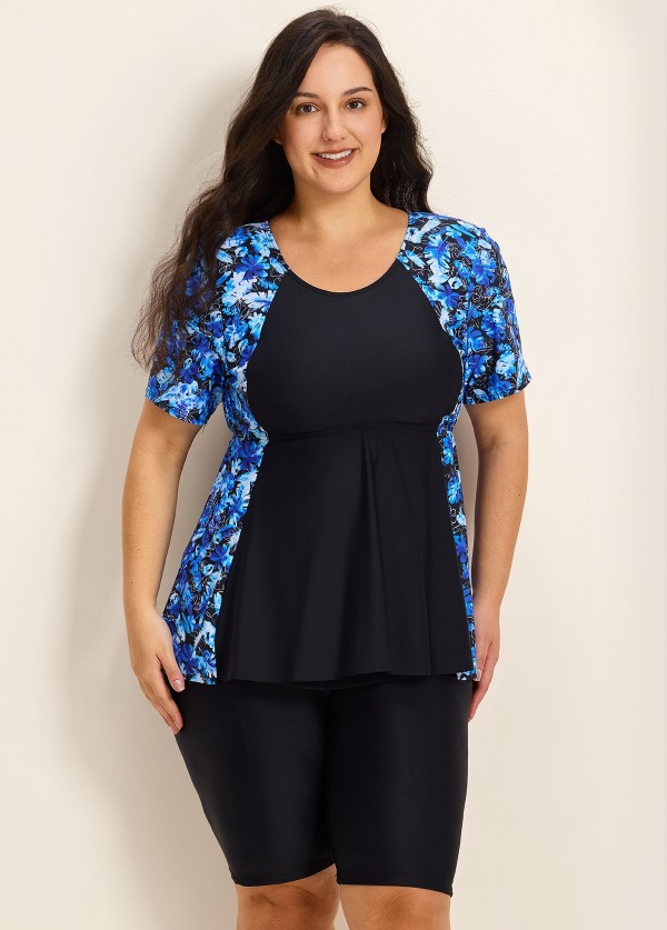 Curvy Blue Tropical Plants Upf50+ Short Sleeves Vintage Women's Swimsuit Shirt Tankini Top