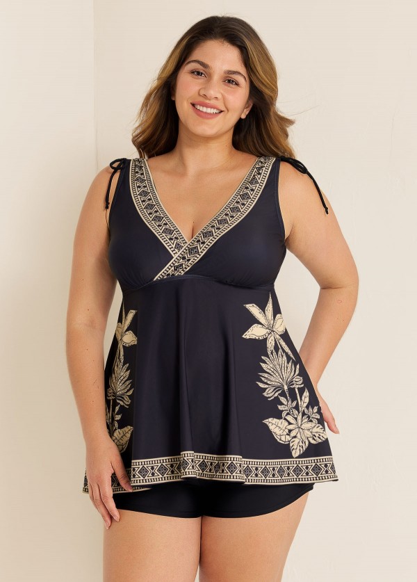 Plus Size Black Floral V Neck Wide Straps Swimsuit Tankini Top