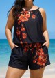 Curvy Red Tropical Floral Keyhole Neck Modest Pocket Women's Swimsuit One Piece Swim Romper