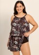 Plus Size Brown Floral High Neck Flattering Pocket Women's Swimsuit One Piece Swim Romper
