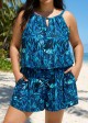 Curvy Blue Leaf Keyhole Neck Modest Pocket Women's Swimsuit One Piece Swim Romper