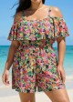 Plus Size Black Floral Flattering Off Shoulder Ruffled Swimsuit One Piece Swimdress