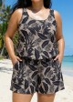 Black Plant Stripe Modest Wide Straps Pocket Plus Size Swimsuit One Piece Swim Romper
