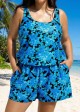 Curvy Blue Floral Scoop Neck Vintage Wide Straps Pocket Swimsuit One Piece Swim Romper
