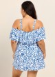 Curvy Blue Floral Print Off The Shoulder Modest Women's Swimsuit One Piece Swimdress