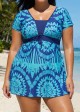 Plus Size Blue Geometric Print Short Sleeve Swimdress Top