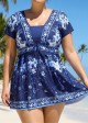 Blue Floral Short Sleeves Vintage Padded Plus Size Women's Swimsuit Swimdress Top