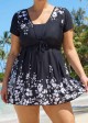 Black Floral Short Sleeves Modest Padded Curvy Women's Swimsuit Swimdress Top
