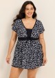 Black Floral Short Sleeves Modest Padded Curvy Women's Swimsuit Swimdress Top