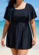 Black Ruffle Sleeves Square Neck Modest Plus Size Swimdress Swimsuit Top