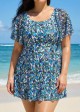 Plus Size Blue Green Floral Print Mesh Short Sleeves Padded Ruffle Swimsuit Swimdress Set