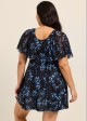 Plus Size Black Floral Print Square Neck Mesh Short Sleeves Vintage Ruffle Swimsuit Swimdress Set