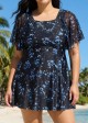 Plus Size Black Floral Print Square Neck Mesh Short Sleeves Vintage Ruffle Swimsuit Swimdress Set