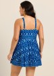 Curvy Dark Blue White Geometric V Neck Sleeveless Vintage Women's Swimsuit Swimdress Set