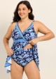 Plus Size Navy Floral V Neck Sleeveless Modest Women's Swimsuit Swimdress Set