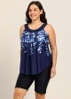 Navy Blue Floral Print Scoop Neck Vintage Curvy Women's Swimsuit Tankini Top