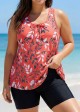 Red Tropical Leaf Print Loose Fit Plus Size Women Tankini Top
