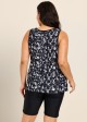 Plus Size Black White Leaf Pattern V Neck Sleeveless Modest Swimsuit Tankini Top