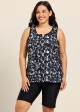 Plus Size Black White Leaf Pattern V Neck Sleeveless Modest Swimsuit Tankini Top