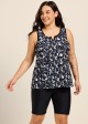 Plus Size Black White Leaf Pattern V Neck Sleeveless Modest Swimsuit Tankini Top
