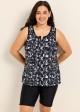 Plus Size Black White Leaf Pattern V Neck Sleeveless Modest Swimsuit Tankini Top