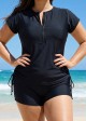 Black Plus Size Zip Front Short Sleeve Side Drawstring Tankini Top