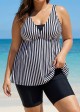 Black And White Striped Print Bow Tie Front Tankini Top