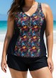 Plus Size Black Leaf Print Zipper Swimsuit And Swimwear Tankini Top