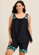 Curvy Black Plant Scoop Neck Flattering Padded Women's Swimsuit Two Piece Tankini Set