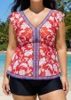 Red Floral V Neck Cap Sleeves Vintage Padded Ruffle Curvy Women's Swimsuit Tankini Top
