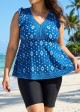 Dark Blue White Geometric V Neck Cap Sleeves Flattering Ruffle Curvy Swimsuit Tankini Top