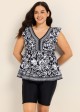 Plus Size Black White Geometric V Neck Cap Sleeves Modest Ruffle Swimsuit Tankini Top