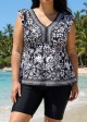 Plus Size Black White Geometric V Neck Cap Sleeves Modest Ruffle Swimsuit Tankini Top