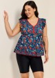 Curvy Blue Red Floral V Neck Cap Sleeves Vintage Ruffle Swimsuit Tankini Top