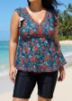 Curvy Blue Red Floral V Neck Cap Sleeves Vintage Ruffle Swimsuit Tankini Top