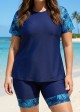 Blue Plants Pullover Short Sleeve Modest Plus Size Fashion Casual Tankini Set