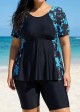 Plus Size Blue Floral Upf50+ Short Sleeves Modest Women's Swimsuit Shirt Tankini Top