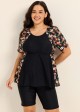 Black Floral Print Upf50+ Short Sleeves Vintage Plus Size Swimsuit Tankini Top