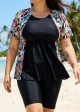 Black Plants Scoop Neck Upf50+ Short Sleeves Padded Plus Size Women's Swimsuit Shirt Tankini Top