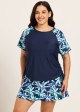 Plus Size Blue Leaf Upf50+ Short Sleeves Modest Side Drawstring Women's Swimsuit Tankini Top