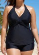 Black V Neck Waist Knot Plus Size Modest Fashion Tankini Swimsuit Top